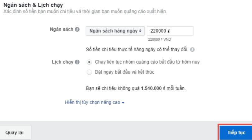 hướng dẫn chạy quảng cáo facebook 2020 Chọn ngân sách